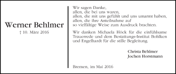 Traueranzeige von Werner Behlmer