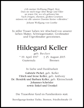 Traueranzeige von Hildegard Keller