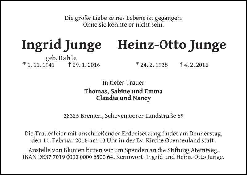 Traueranzeige von Ingrid und Heinz-Otto Junge von WESER-KURIER