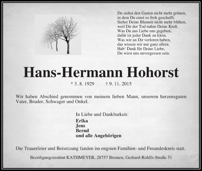 Traueranzeige von Hans-Hermann Hohorst von Die Norddeutsche