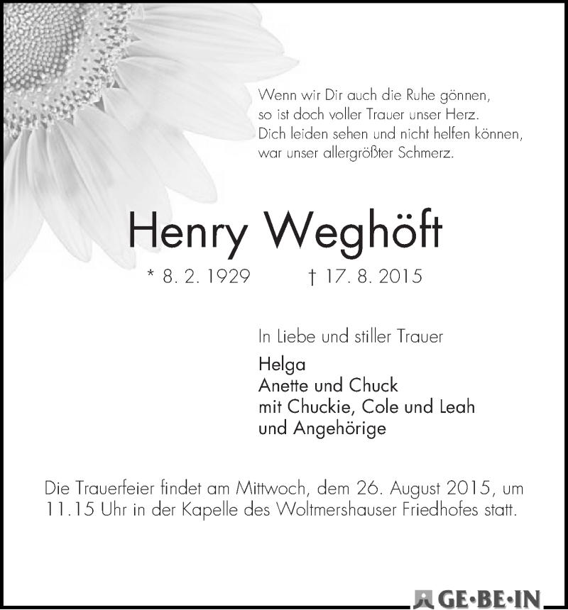 Traueranzeige von Henry Weghöft von WESER-KURIER