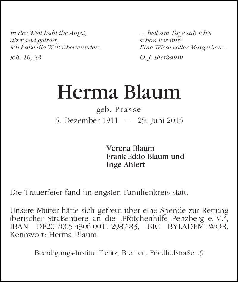 Traueranzeige von Herma Blaum von WESER-KURIER
