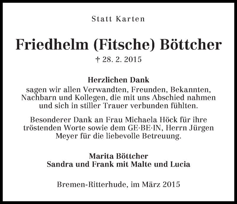 Traueranzeige von Friedhelm Böttcher von WESER-KURIER