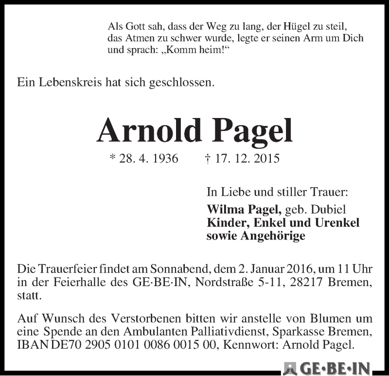  Traueranzeige für Arnold Pagel vom 23.12.2015 aus WESER-KURIER