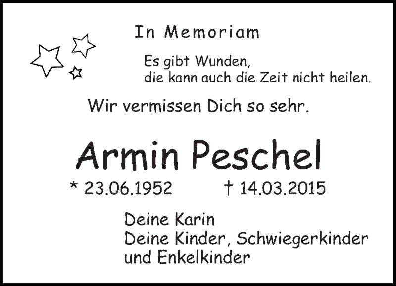  Traueranzeige für Armin Peschel vom 14.03.2016 aus WESER-KURIER