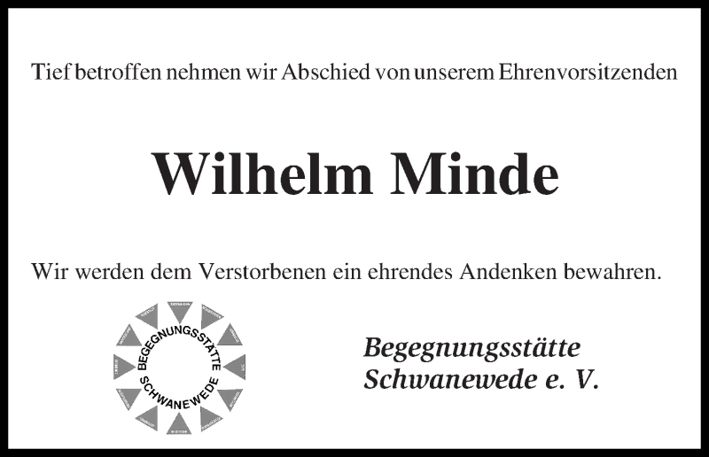 Traueranzeige von Wilhelm Minde von Die Norddeutsche