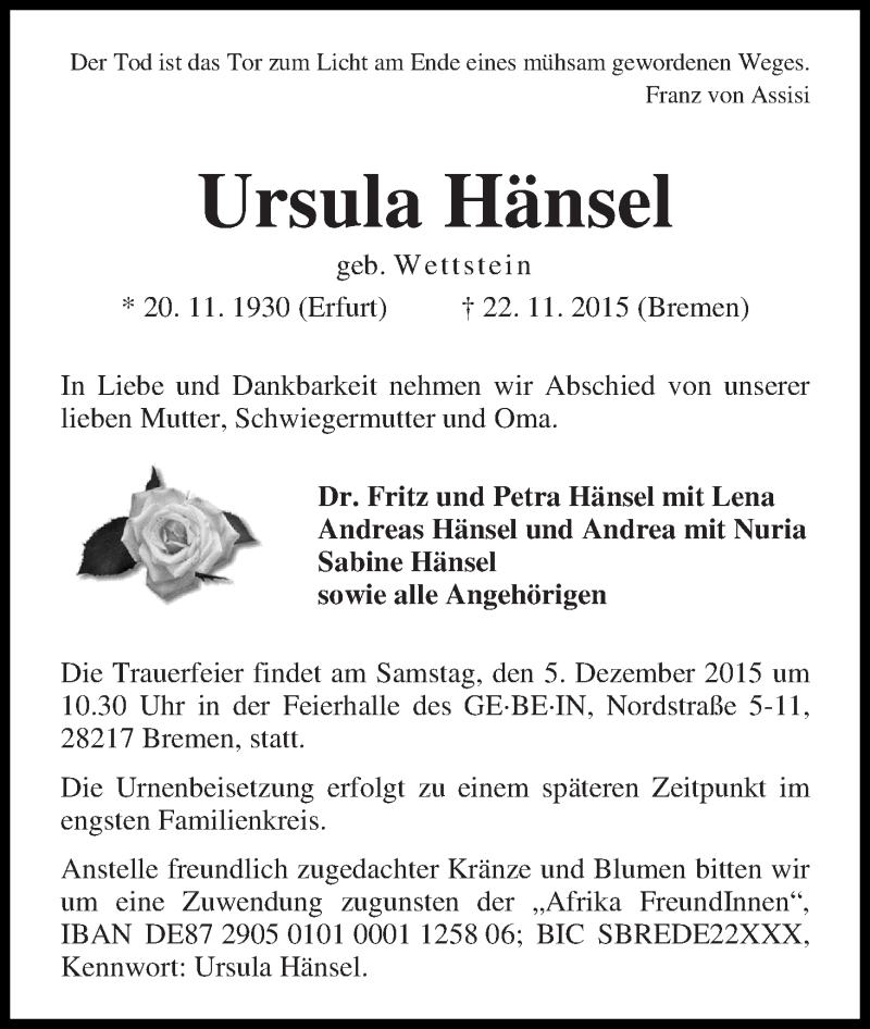  Traueranzeige für Ursula Hänsel vom 28.11.2015 aus WESER-KURIER