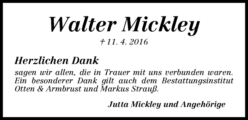Traueranzeige von Walter Mickley von Osterholzer Kreisblatt
