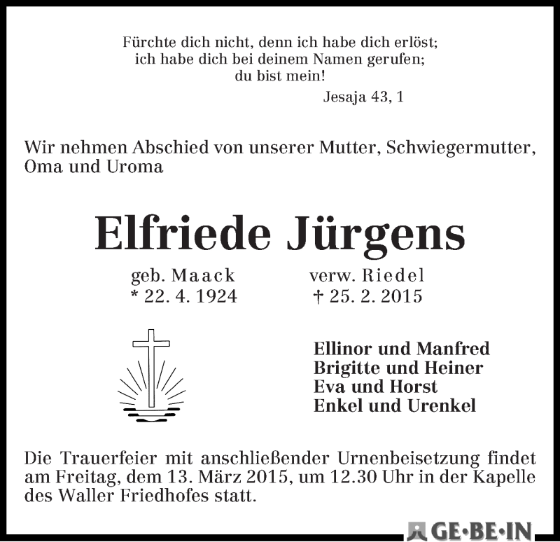 Traueranzeige von Elfriede Jürgens von WESER-KURIER