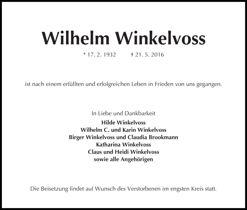 Traueranzeige von Wilhelm Winkelvoss von WESER-KURIER