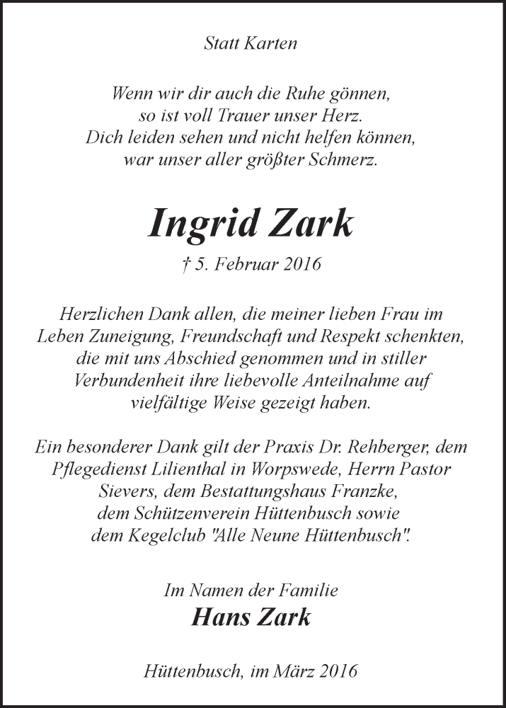 Traueranzeige von Ingrid Zark von Wuemme Zeitung