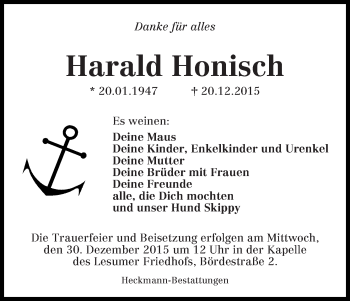 Traueranzeige von Harald Honisch