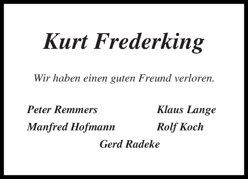  Traueranzeige für Kurt Frederking vom 17.01.2015 aus WESER-KURIER