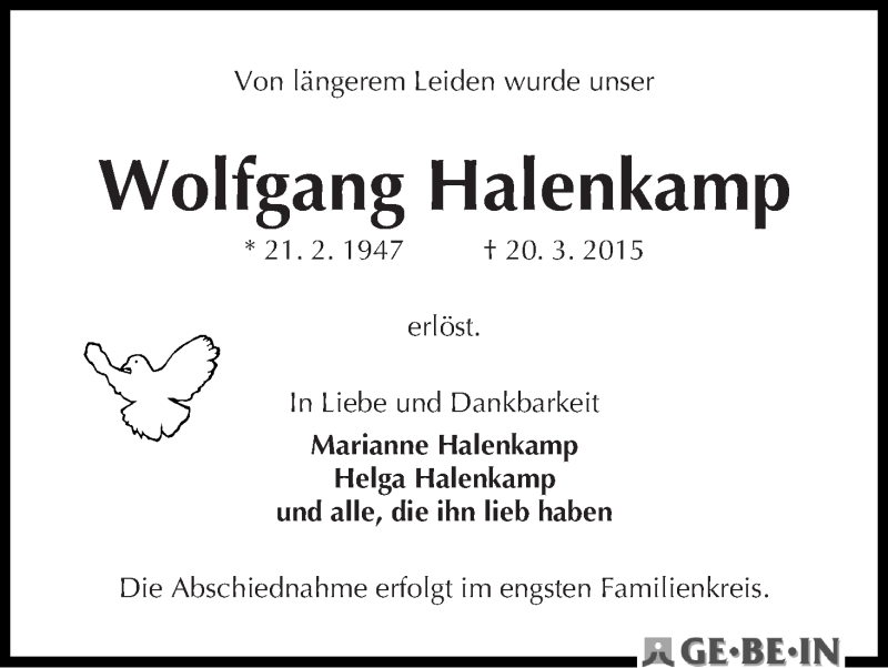 Traueranzeige von Wolfgang Halenkamp von WESER-KURIER