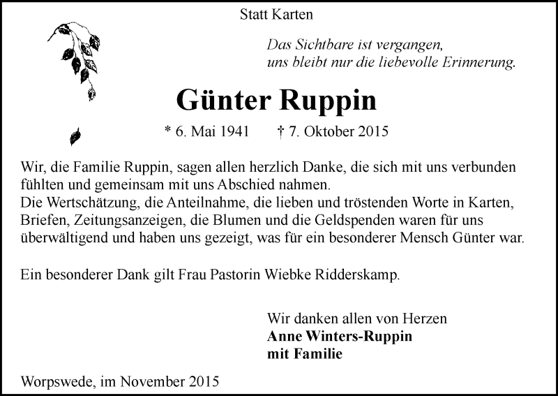 Traueranzeige von Günter Ruppin von Wuemme Zeitung
