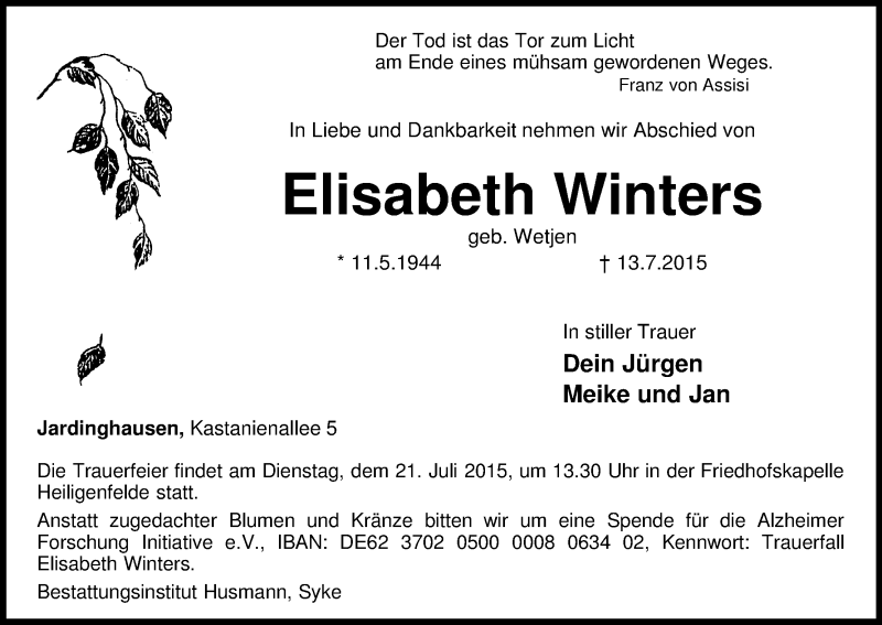Traueranzeige von Elisabeth Winters von WESER-KURIER