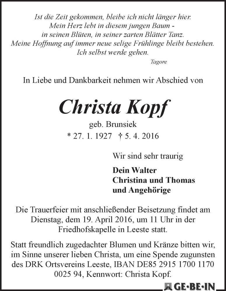 Traueranzeige von Christa Kopf von WESER-KURIER