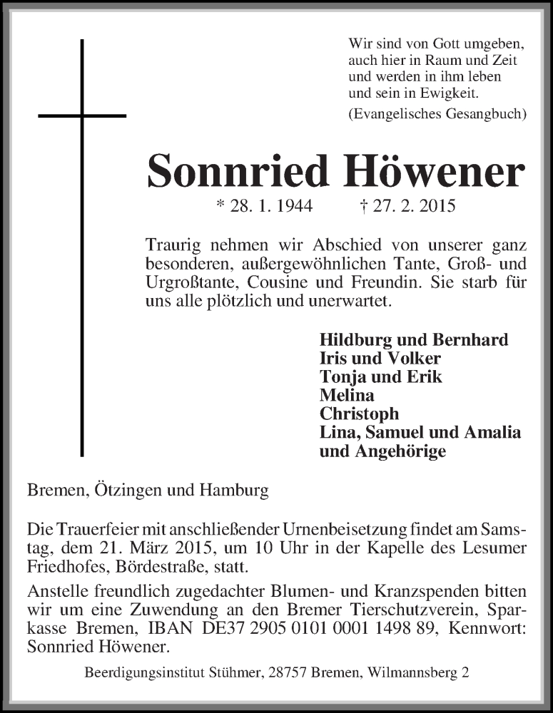 Traueranzeige von Sonnried Höwener von Die Norddeutsche