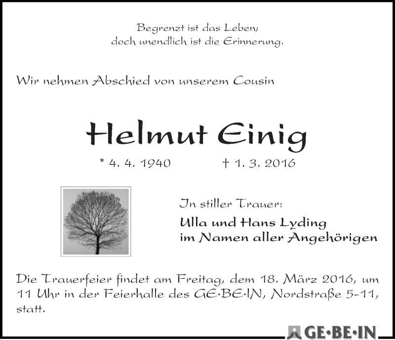 Traueranzeige von Helmut Einig von WESER-KURIER