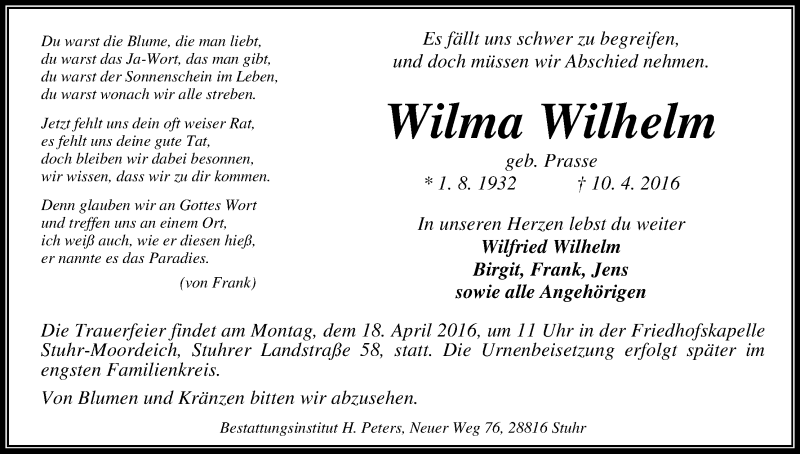  Traueranzeige für Wilma Wilhelm vom 14.04.2016 aus WESER-KURIER