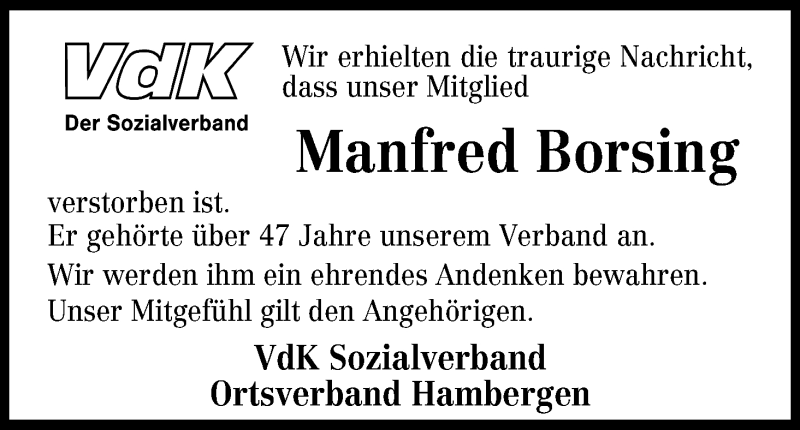 Traueranzeige von Manfred Borsing von Osterholzer Kreisblatt