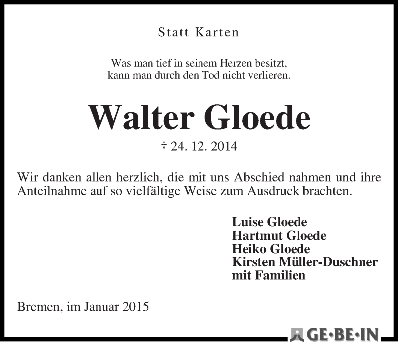 Traueranzeige von Walter Gloede von WESER-KURIER