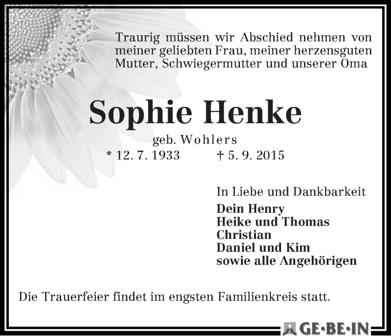 Traueranzeige von Sophie Henke von WESER-KURIER