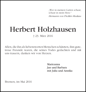 Traueranzeige von Herbert Holzhausen