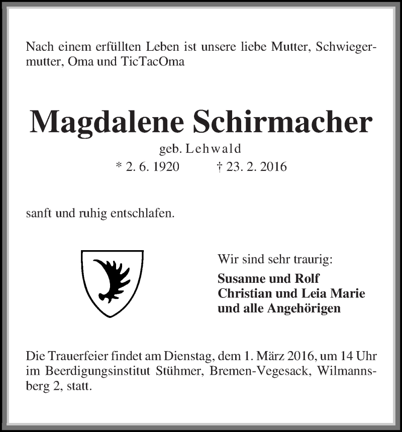  Traueranzeige für Magdalene Schirmacher vom 25.02.2016 aus Die Norddeutsche