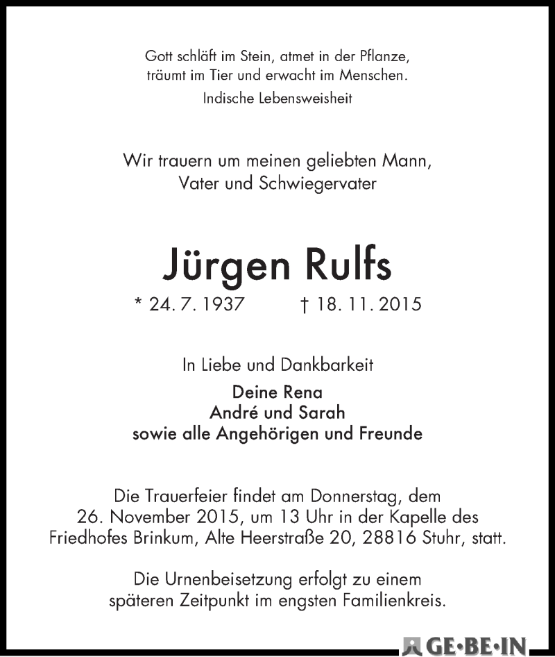 Traueranzeige von Jürgen Rulfs von WESER-KURIER