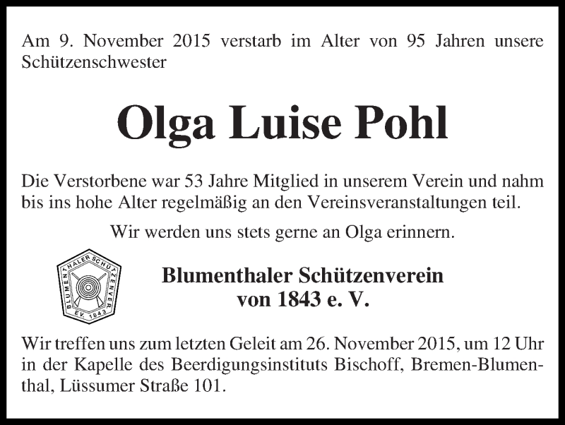 Traueranzeige von Olga Luise Pohl von Die Norddeutsche