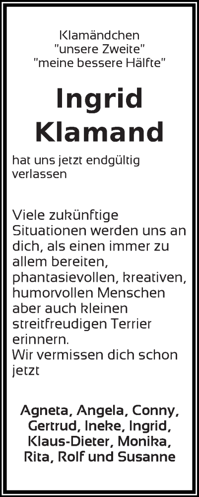Traueranzeige von Ingrid Klamand von WESER-KURIER