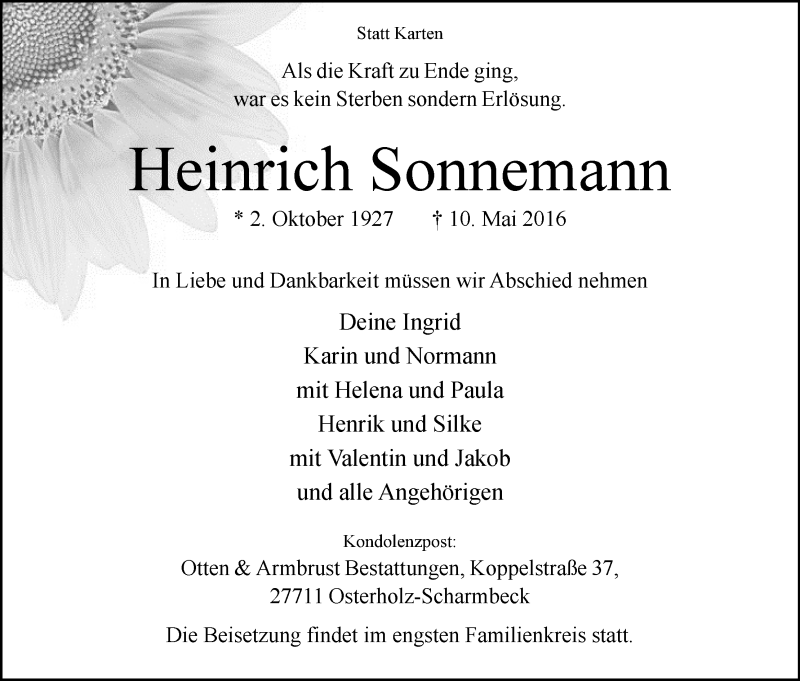 Traueranzeige von Heinrich Sonnemann von Osterholzer Kreisblatt