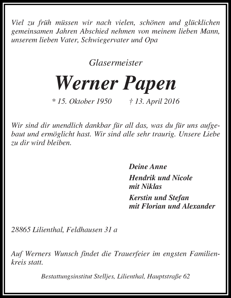  Traueranzeige für Werner Papen vom 15.04.2016 aus WESER-KURIER