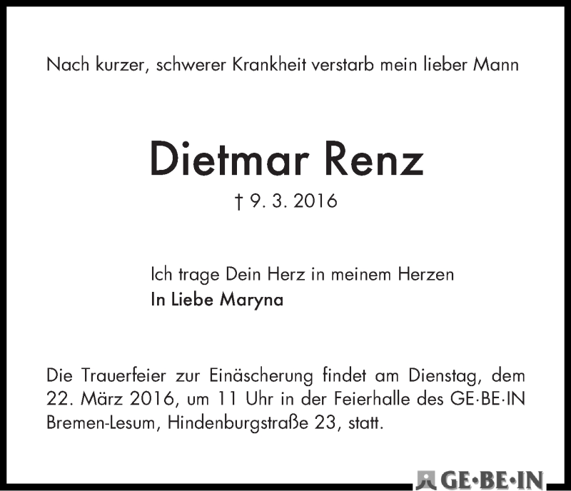 Traueranzeige von Dietmar Renz von WESER-KURIER