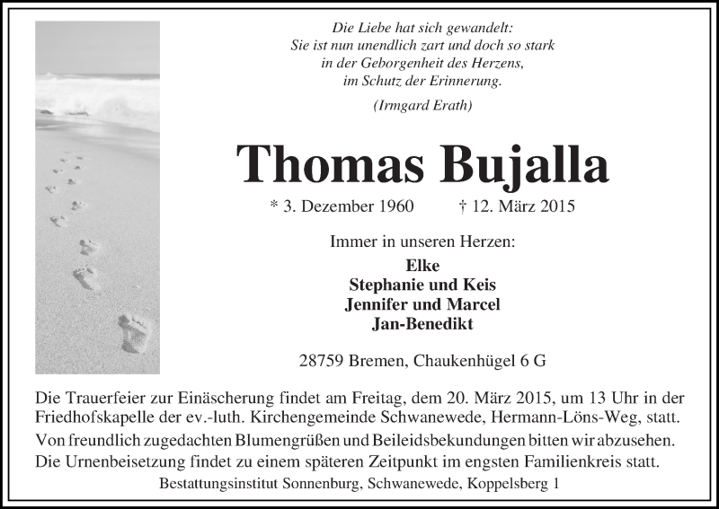  Traueranzeige für Thomas Bujalla vom 17.03.2015 aus WESER-KURIER