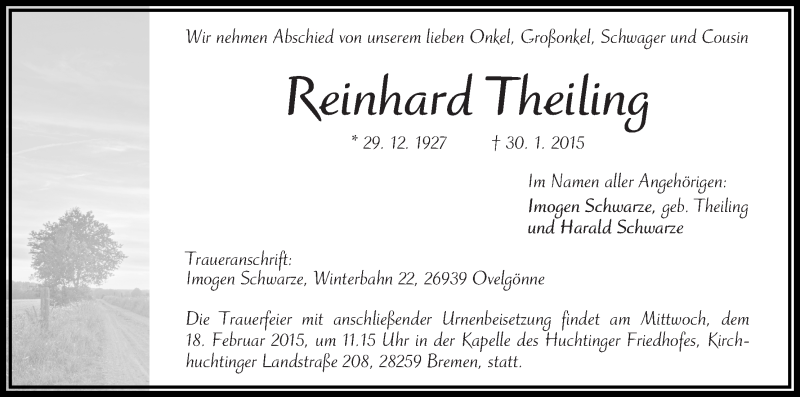 Traueranzeige von Reinhard Theiling von WESER-KURIER