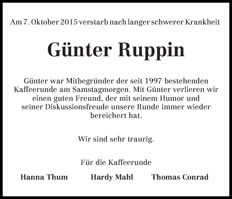 Traueranzeige von Günter Ruppin von Wuemme Zeitung