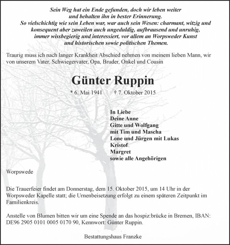 Traueranzeige von Günter Ruppin von Wuemme Zeitung