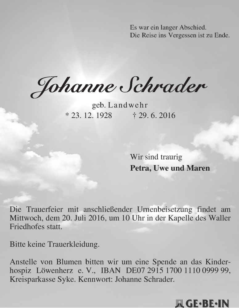 Traueranzeige von Johanne Schrader von WESER-KURIER
