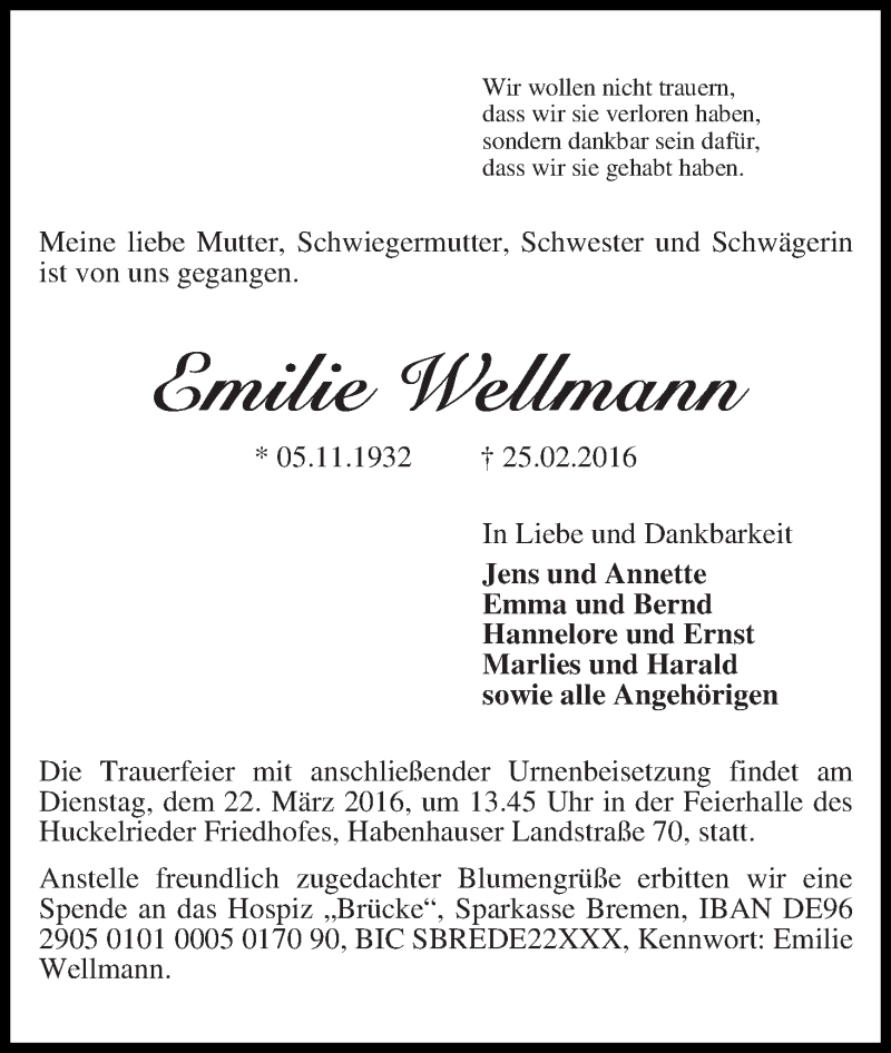 Traueranzeige von Emilie Wellmann von WESER-KURIER
