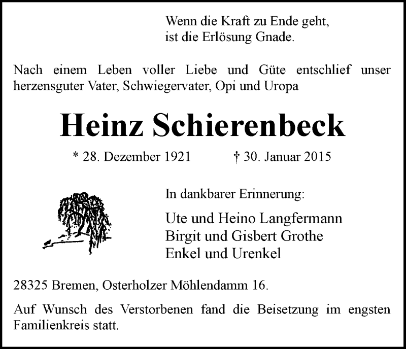Traueranzeige von Henmz Schierenbeck von WESER-KURIER