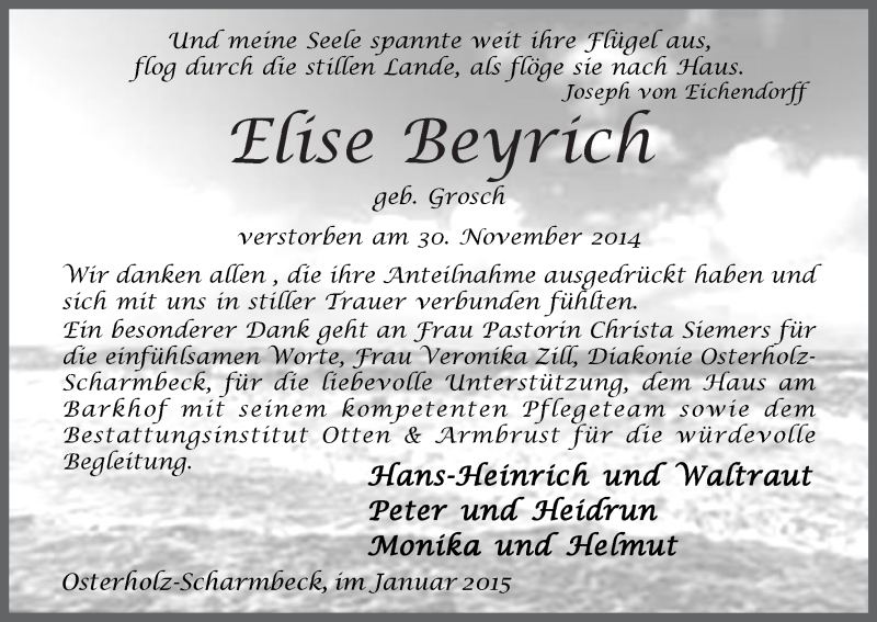 Traueranzeige von Elise Beyrich von Osterholzer Kreisblatt