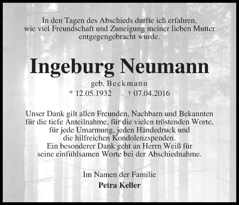 Traueranzeige von Ingeburg Neumann von Die Norddeutsche