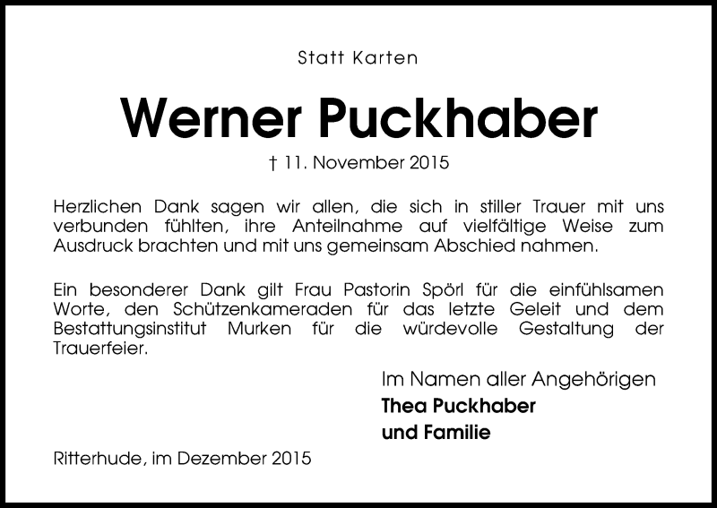  Traueranzeige für Werner Puckhaber vom 12.12.2015 aus Osterholzer Kreisblatt