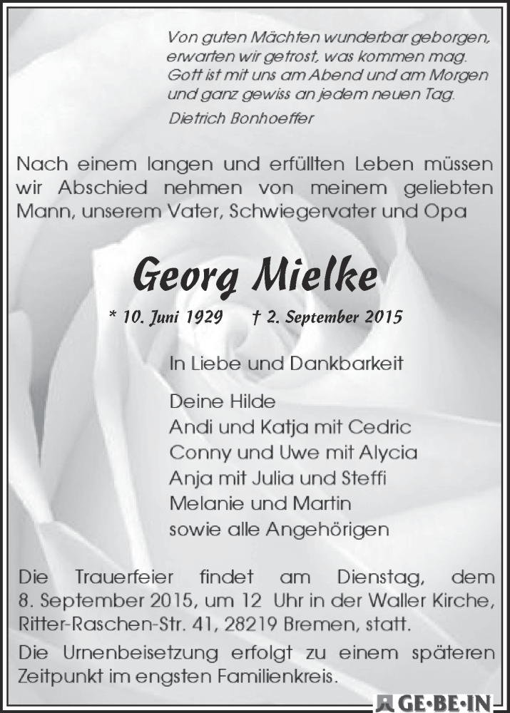 Traueranzeige von Georg Mielke von WESER-KURIER