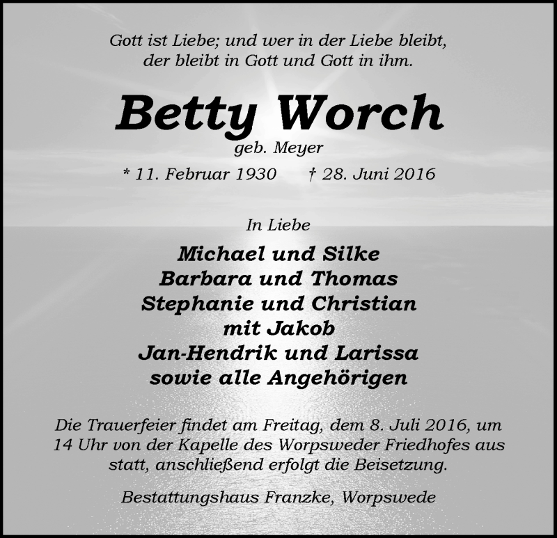 Traueranzeige von Betty Worch von Wuemme Zeitung