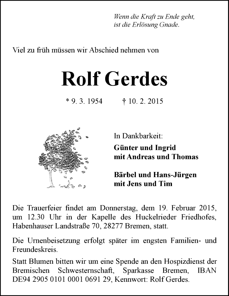  Traueranzeige für Rolf Gerdes vom 14.02.2015 aus WESER-KURIER
