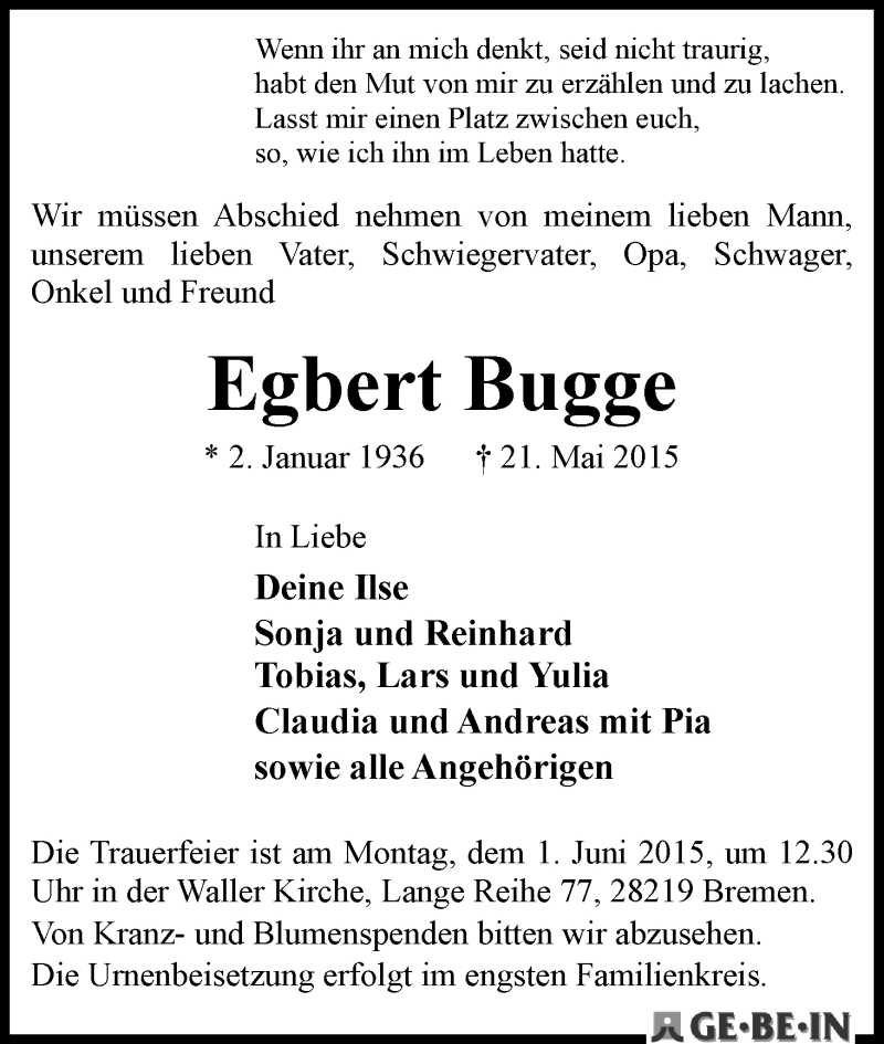 Traueranzeige von Egbert Bugge von WESER-KURIER