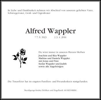 Traueranzeige von Alfred Wappler